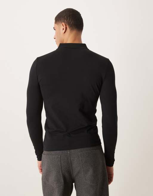 ASOS DESIGN Essentials muscle fit long sleeve polo in black, 3 of 5