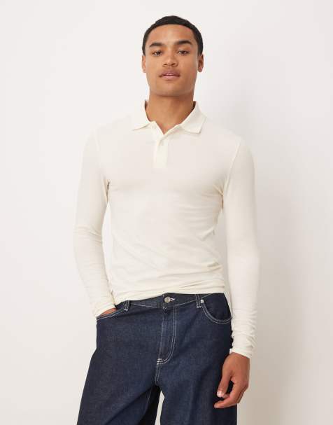 ASOS DESIGN Essentials muscle fit long sleeve polo in cream - view 1