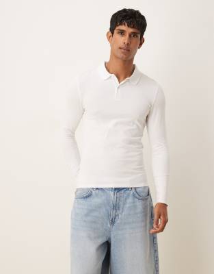 ASOS DESIGN essentials muscle fit long sleeve polo in white pique