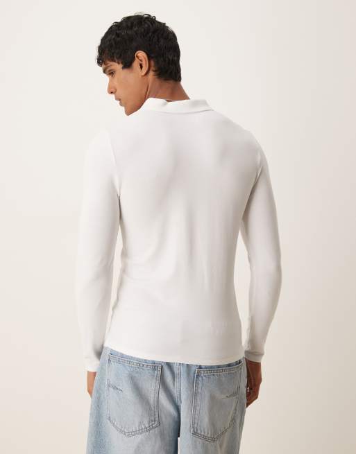 ASOS DESIGN essentials muscle fit long sleeve polo in white pique, 3 of 4