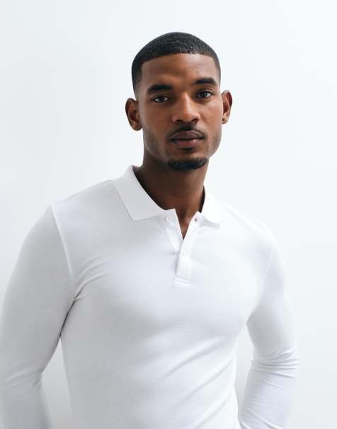 ASOS DESIGN Essentials muscle fit long sleeve polo in white pique