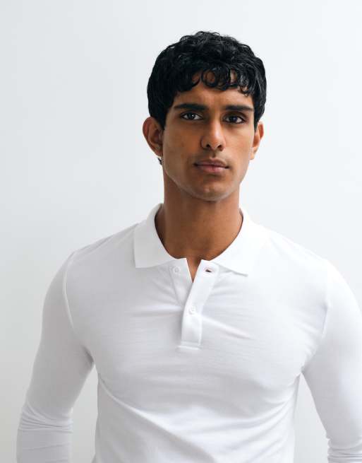 ASOS DESIGN essentials muscle fit long sleeve polo in white pique, 3 of 5