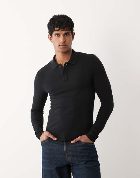 ASOS DESIGN Essentials muscle fit long sleeve polo shirt in black pique - view 1