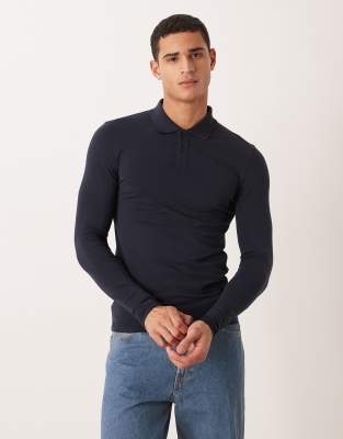 Asos Design Essentials Muscle Fit Long Sleeve Polo Shirt In Blue