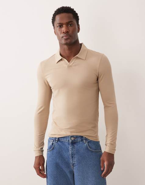 ASOS DESIGN Essentials muscle fit long sleeve polo with notch collar in beige