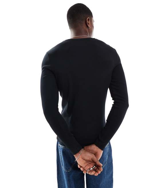 ASOS DESIGN muscle fit long sleeve rib t-shirt in black