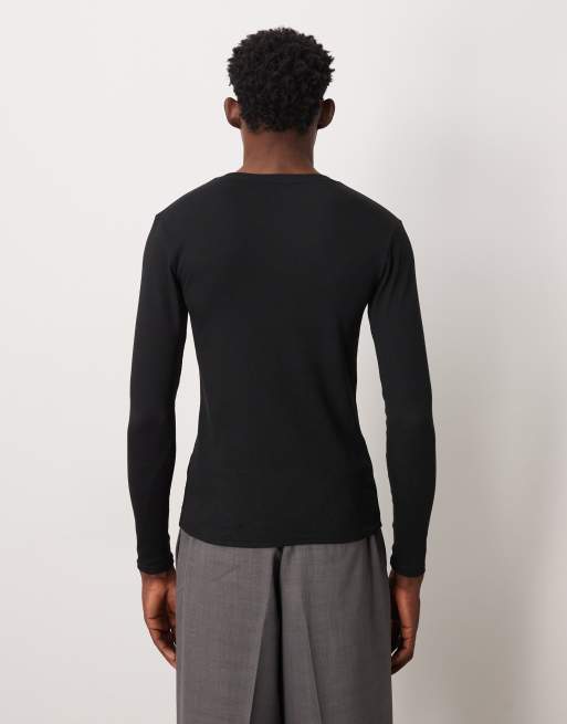 ASOS DESIGN essentials muscle fit long sleeve T-shirt in black rib, 3 of 5