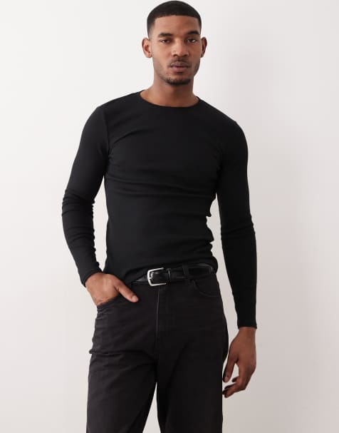 ASOS DESIGN Essentials muscle fit long sleeve t-shirt in black rib
