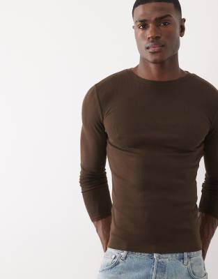 Asos Design Essentials Muscle Fit Long Sleeve T-shirt In Brown