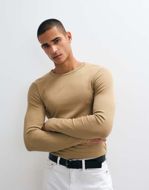 ASOS DESIGN Essentials muscle fit long sleeve t-shirt in brown rib - view 1