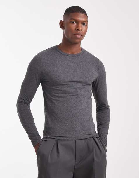 ASOS DESIGN Essentials muscle fit long sleeve t-shirt in charcoal - CHARCOAL - view 1