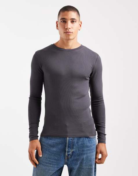 ASOS DESIGN Essentials muscle fit long sleeve T-shirt in charcoal rib - view 1