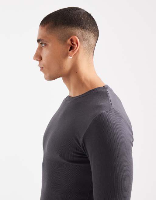 ASOS DESIGN Essentials muscle fit long sleeve t-shirt in charcoal rib, 4 of 5