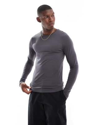 ASOS DESIGN essentials muscle fit long sleeve T-shirt in charcoal-Gray