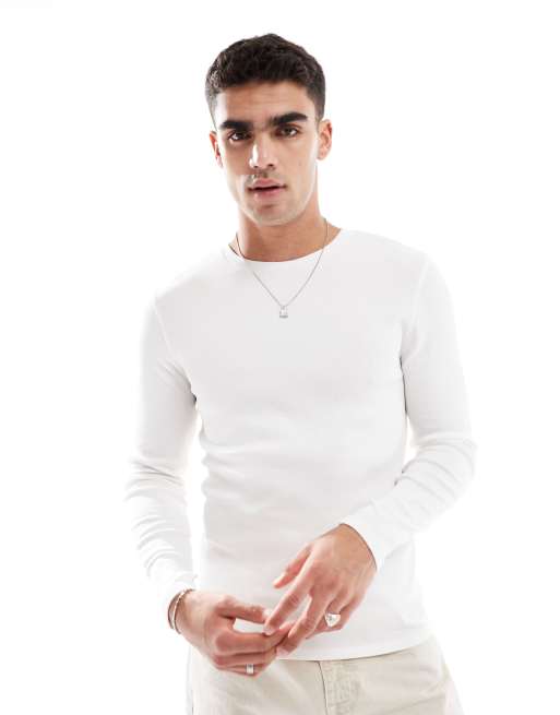 ASOS DESIGN essentials muscle fit long sleeve T-shirt in cream rib 