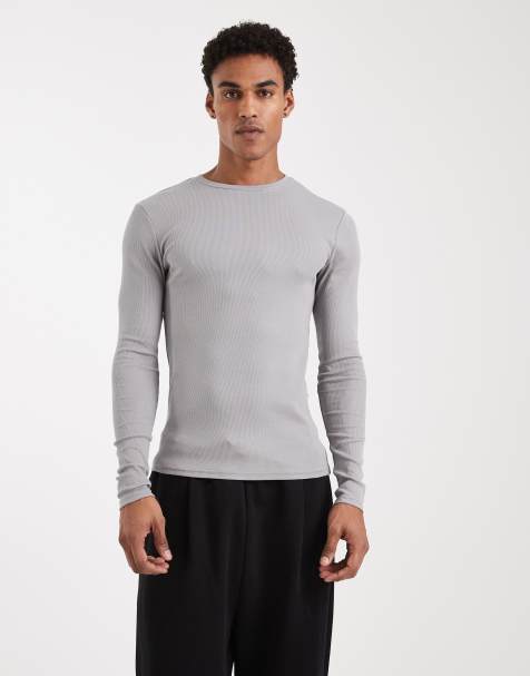 ASOS DESIGN Essentials muscle fit long sleeve t-shirt in light grey rib - view 1