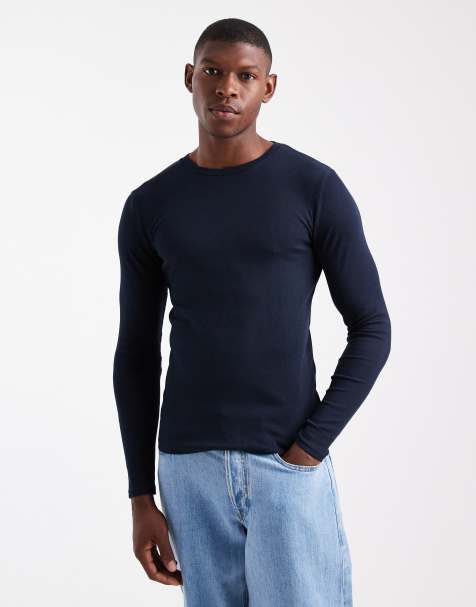 ASOS DESIGN essentials muscle fit long sleeve T-shirt in navy rib - view 1