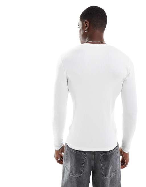 ASOS DESIGN muscle fit long sleeve rib t-shirt in white
