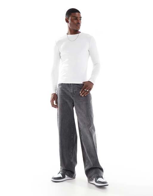 ASOS DESIGN muscle fit long sleeve rib t-shirt in white