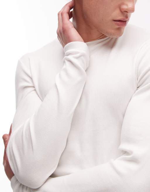 ASOS DESIGN muscle fit long sleeve rib t-shirt in white
