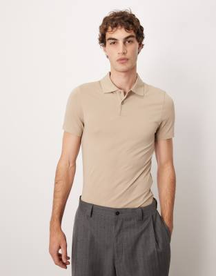 ASOS DESIGN Essentials muscle fit polo in beige-Neutral