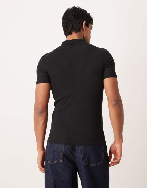 ASOS DESIGN Essentials muscle fit polo in black rib, 3 of 5