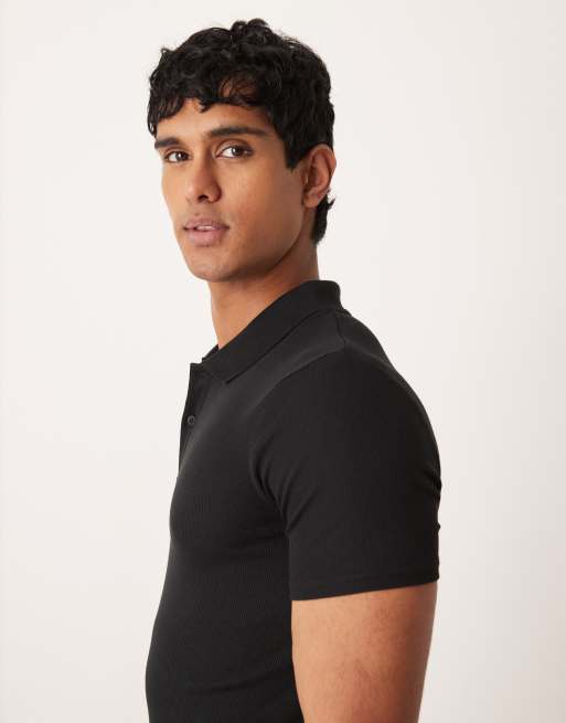 ASOS DESIGN Essentials muscle fit polo in black rib, 4 of 5