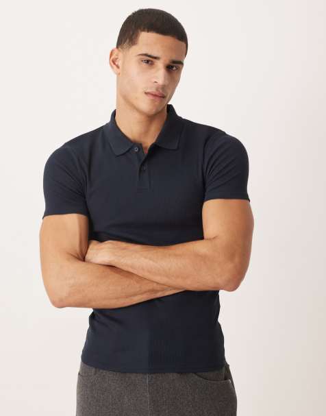 ASOS DESIGN Essentials muscle fit polo in navy rib