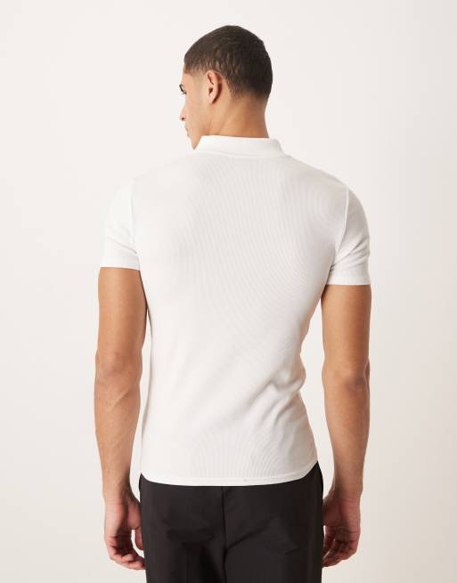 ASOS DESIGN Essentials muscle fit polo in white rib, 3 of 5