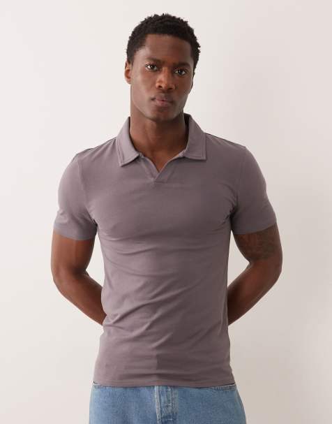 ASOS DESIGN - Essentials - Muscle fit polo met kraag met inkeping in antracietgrijs - view 1