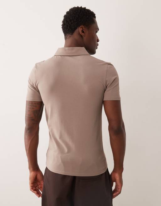 ASOS DESIGN - Essentials - Muscle fit polo met kraag met inkeping in stone, 3 van 5
