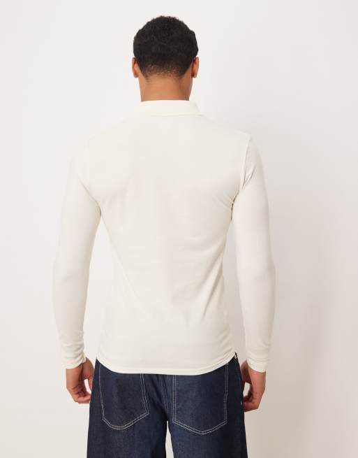 ASOS DESIGN - Essentials - Muscle fit polo met lange mouwen in crème, 3 van 5