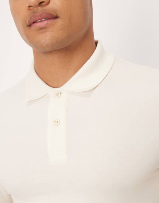 ASOS DESIGN - Essentials - Muscle fit polo met lange mouwen in crème, 5 van 5