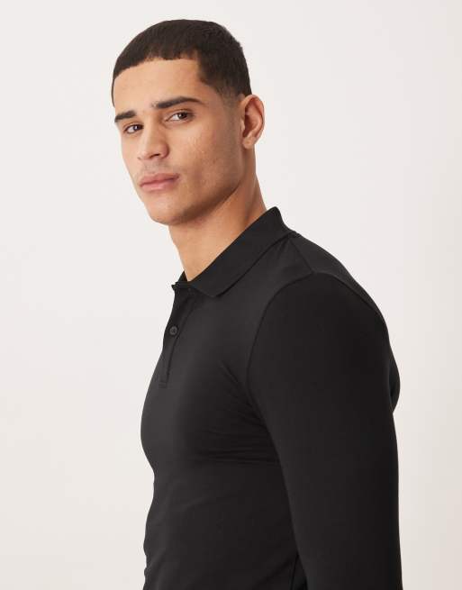 ASOS DESIGN - Essentials - Muscle-fit polo met lange mouwen in zwart, 4 van 5