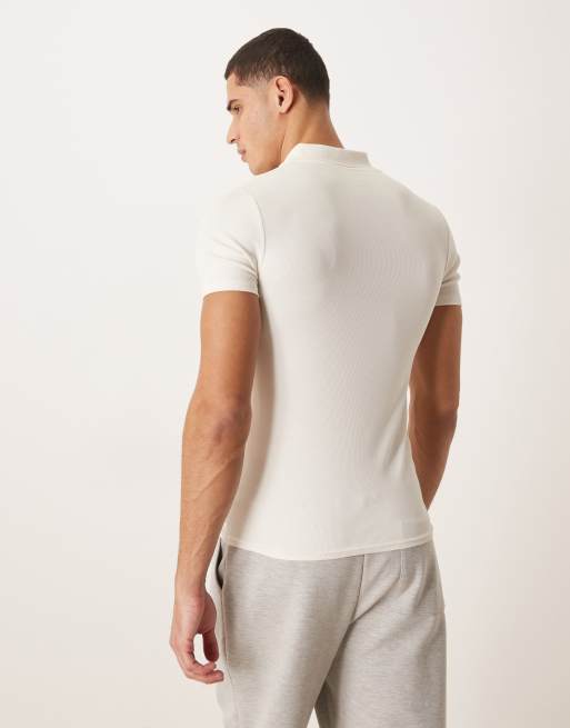 ASOS DESIGN Essentials muscle fit polo shirt in cream rib knit, 3 of 5