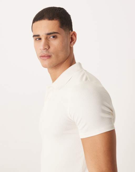ASOS DESIGN Essentials muscle fit polo shirt in cream rib knit, 4 of 5