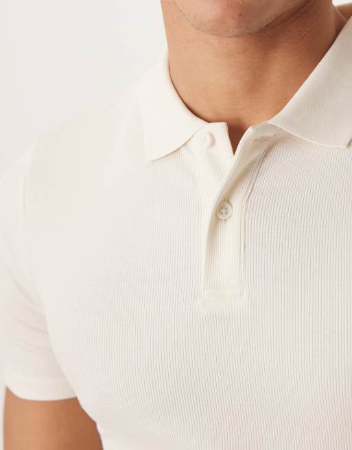 ASOS DESIGN Essentials muscle fit polo shirt in cream rib knit, 5 of 5