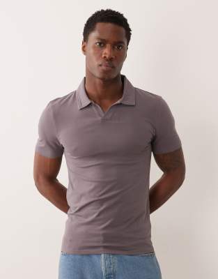 Asos Design Essentials Muscle Fit Polo With Notch Collar In Gray