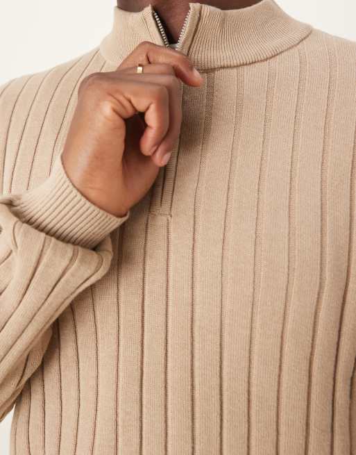 ASOS DESIGN - Essentials - Muscle fit ribgebreide trui met korte rits in taupe, 2 van 4