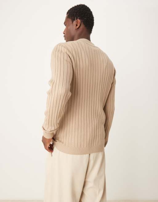 ASOS DESIGN - Essentials - Muscle fit ribgebreide trui met korte rits in taupe, 3 van 4