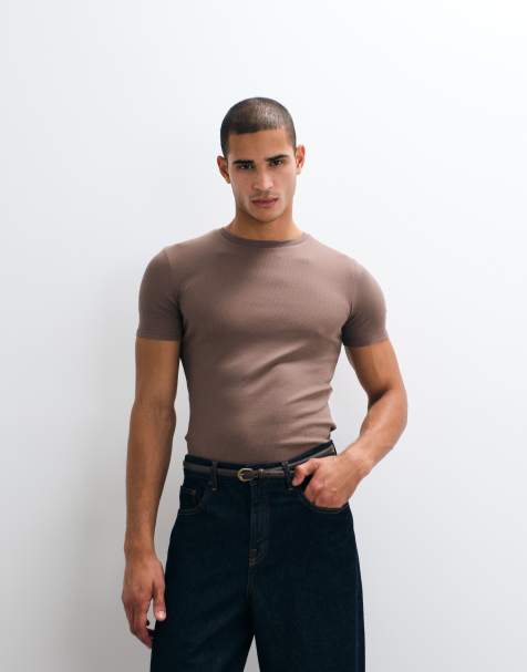 ASOS DESIGN essentials muscle fit T-shirt in brown rib - view 1
