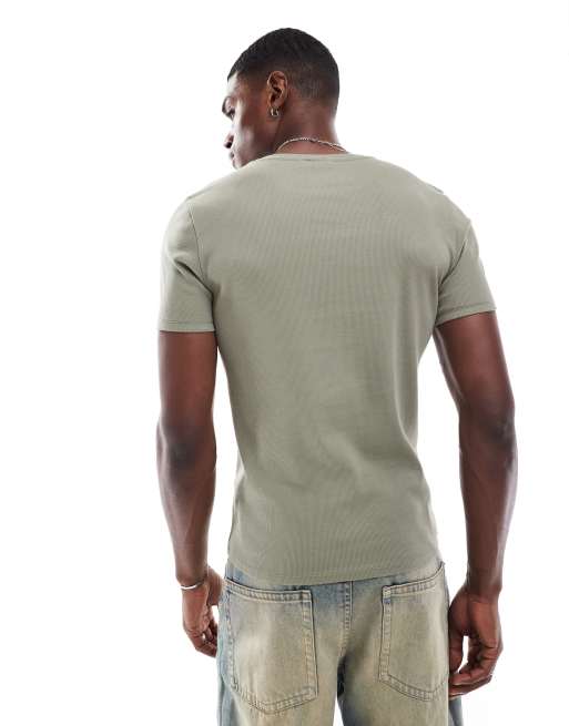 ASOS DESIGN essentials muscle fit T-shirt in green rib, 3 of 4