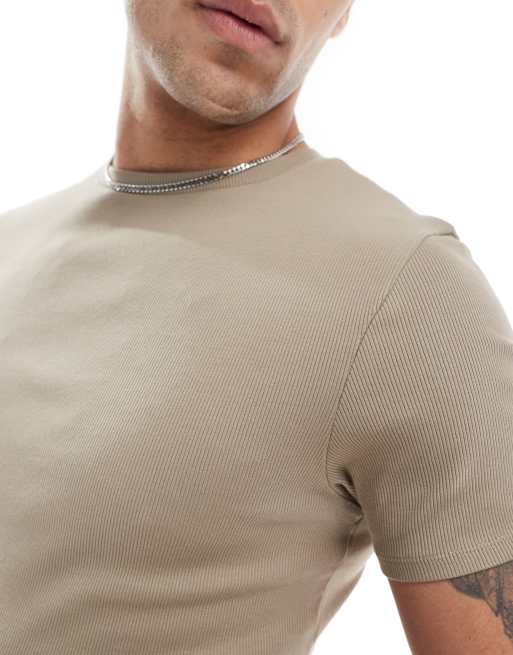 ASOS DESIGN essentials muscle fit T-shirt in stone rib, 3 of 4