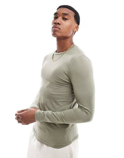ASOS DESIGN - Essentials - Muscle-fit T-shirt met lange mouwen in kaki - view 1