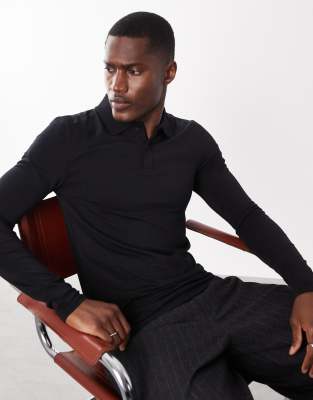 Asos Design Essentials Muscle Fit Long Sleeve Polo In Black