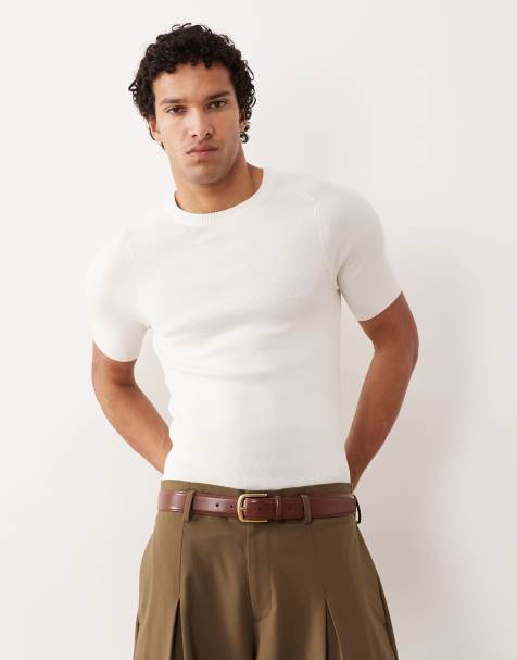 ASOS DESIGN – Essentials – Muskelshirt aus Rippstrick in Ecru mit Sattelärmeln - view 1