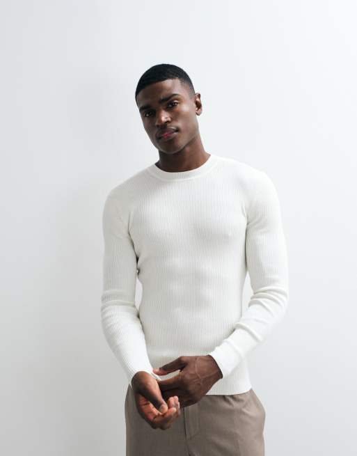 ASOS DESIGN – Essentials – Naturvit, tunn och ribbstickad tröja i muscle fit, 4 av 5