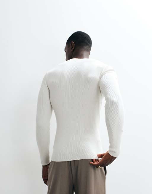 ASOS DESIGN – Essentials – Naturvit, tunn och ribbstickad tröja i muscle fit, 5 av 5