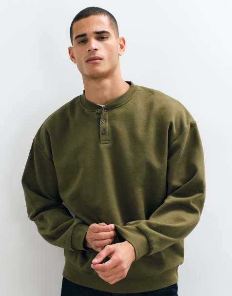 ASOS DESIGN essentials oversize sweatshirt med henley-ringning i olivgrönt - view 1
