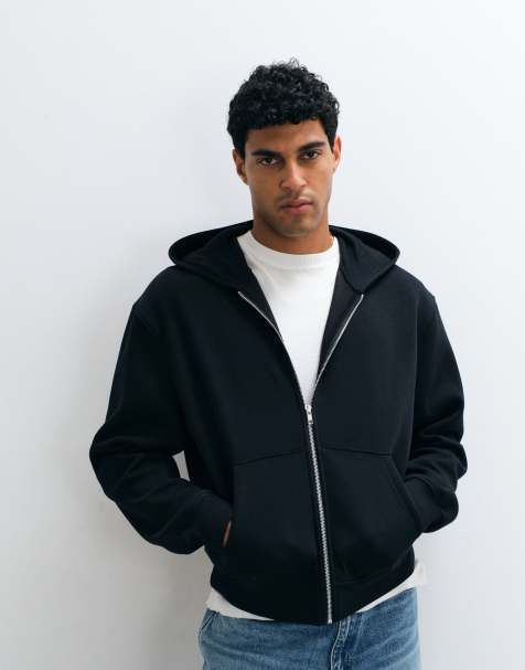 ASOS DESIGN essentials oversized boxy zip through hoodie in black - view 1
